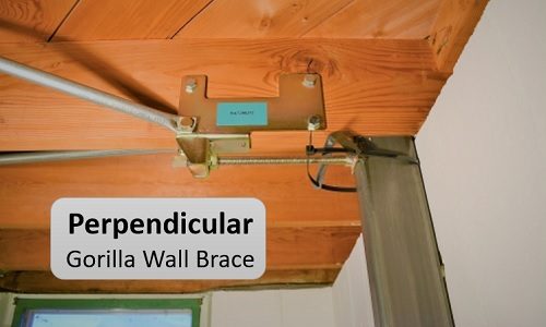 a close-up picture of the Perpendicular Gorilla Wall Brace installed on a white basement wall and wood colored floor joist with the words: Perpendicular Gorilla Wall Brace in a gray box on top of the picture