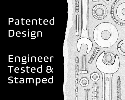 divided image with a black background on the left with the words: Patented Design - Engineer Tested & Stamped. And on the right side it pictures wrenches, nuts, screws, washers in a stylized gray tone illustration.